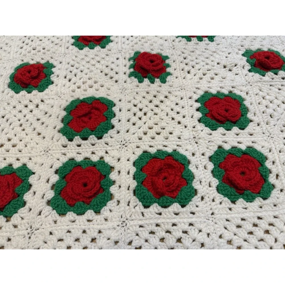VTG Handmade Crochet Rose Afghan Blanket Raised Roses Granny Square Lap Throw